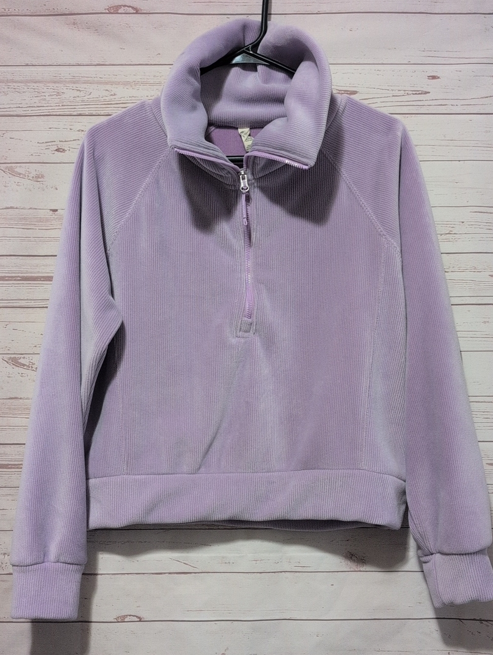Kyodan LuxeRib Lilac Ribbed Velour Half-zip Cowl Neck Pullover Shirt